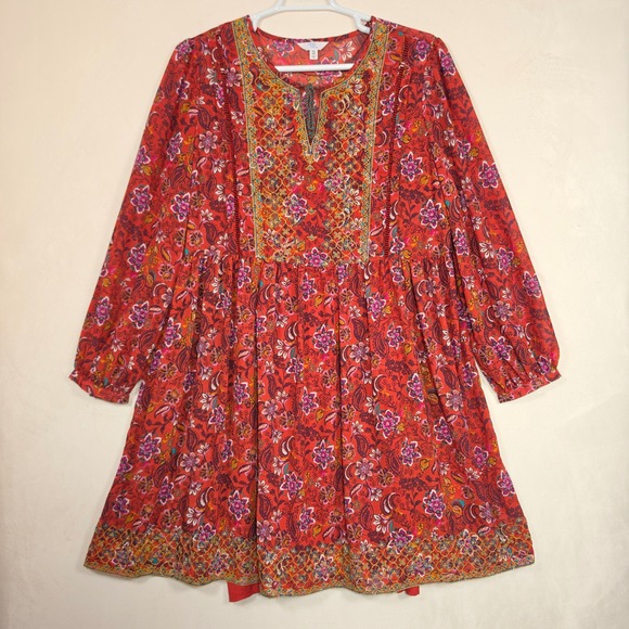 Time And Tru Dress Womens XXL 20 Red Floral Embroidered Boho Cottagecore Peasant - Picture 2 of 13